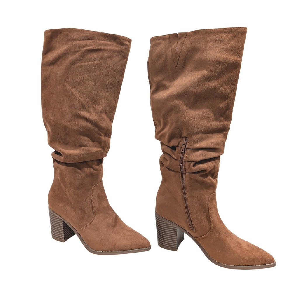 Cognac Brown Faux Suede Slouchy Pointed Toe Block Heel Knee High Boots Size 7